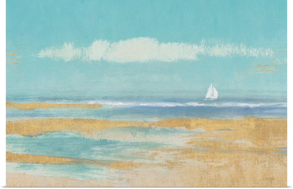 Contemporary artwork of a sandy beach with a sailboat on the horizon.