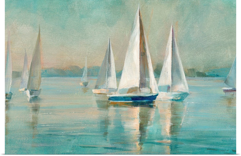 Contemporary painting of sailboats on crystal blue waters.