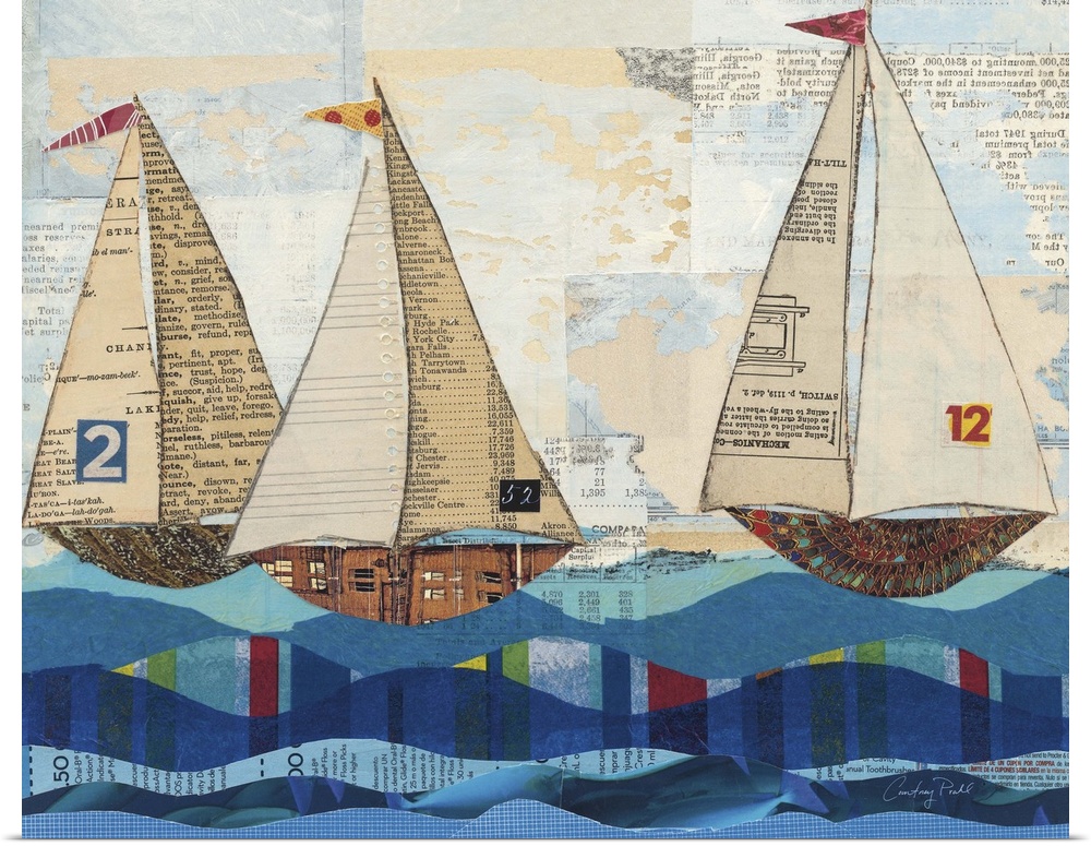 Mixed media artwork of three sailboats on the ocean.