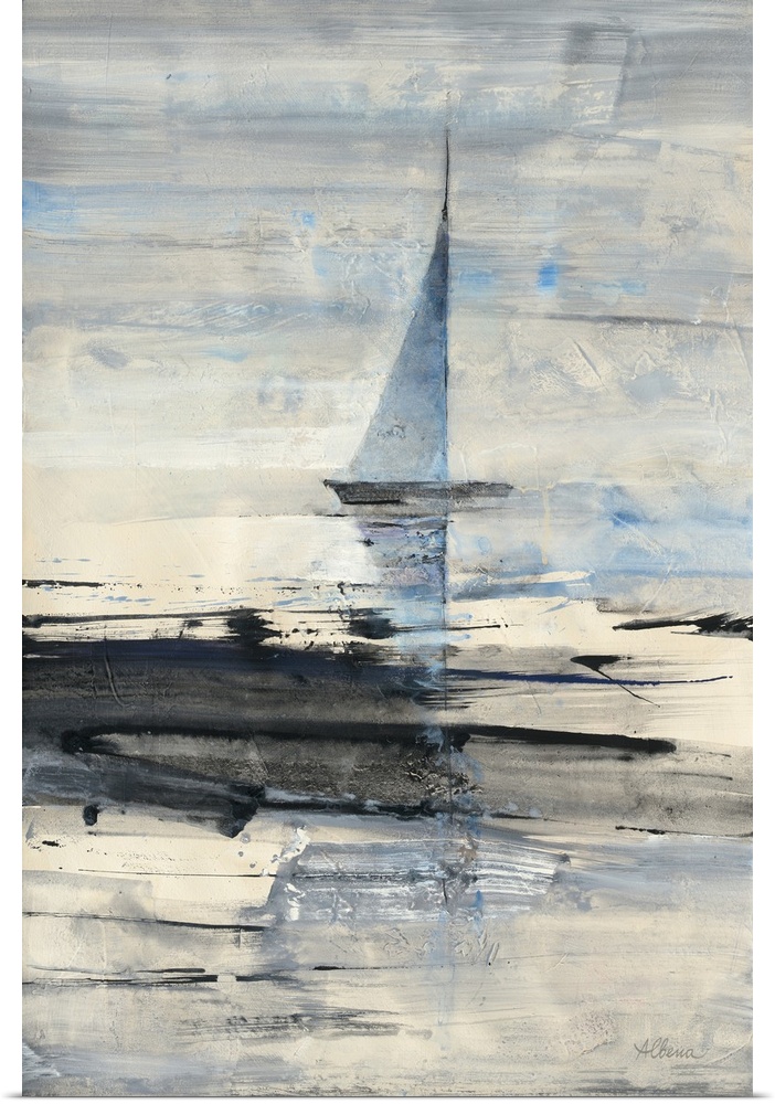 A vertical abstract landscape of a sailboat in the water with black brush strokes overlaying.