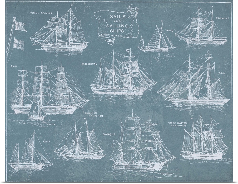 Artwork of a vintage blueprint chart of various old sailing ships.