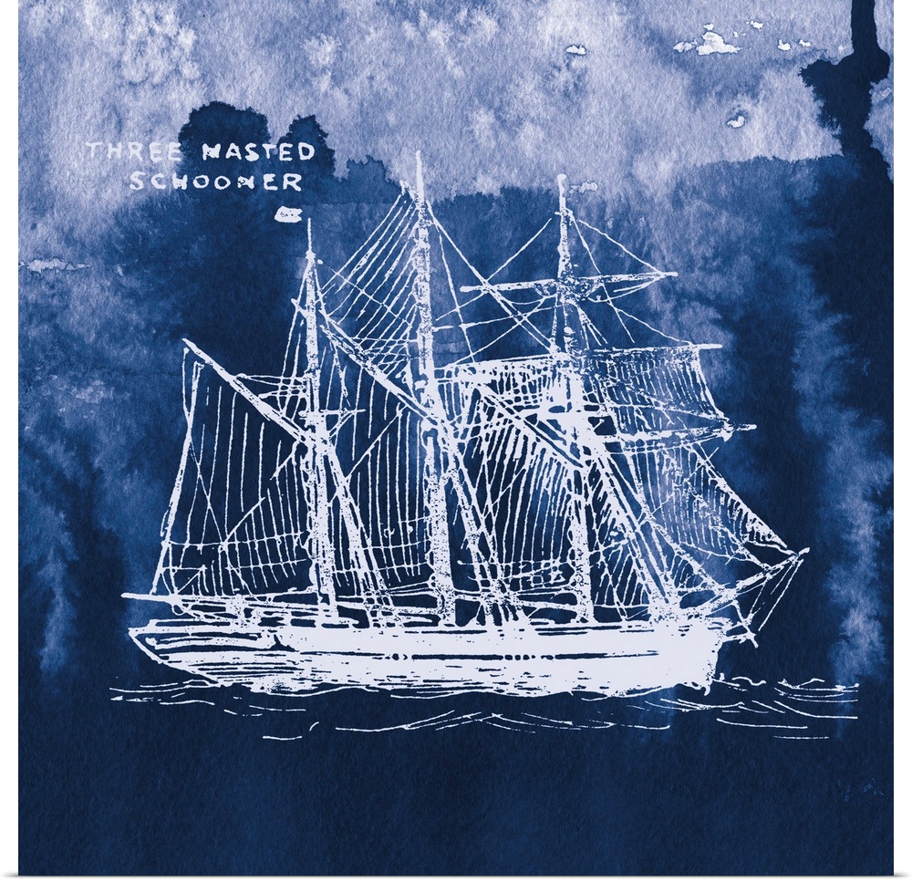 Square art with a white silhouette of a sailboat on an indigo watercolor background and "Three Masted Schooner" written in...