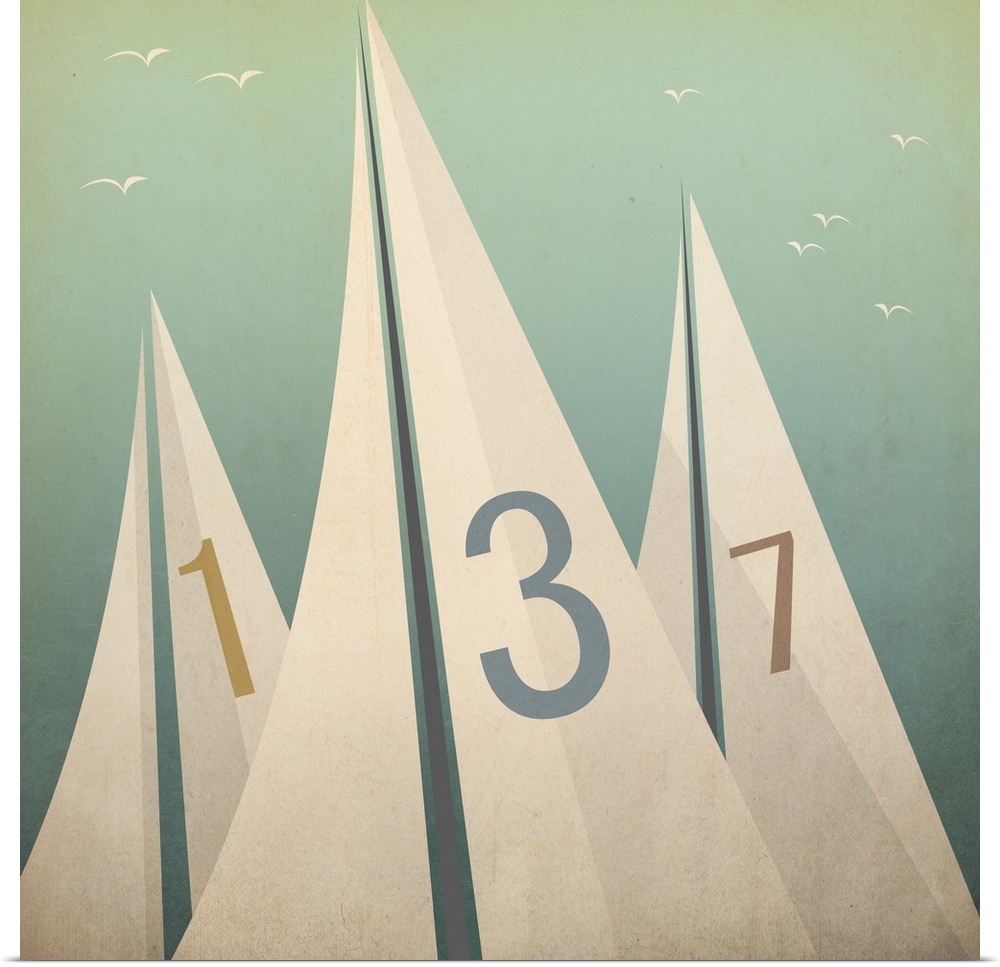 Contemporary artwork of three sails with numbers on them against a pale green background.