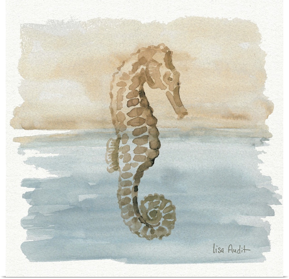 Watercolor painting of a seahorse in neutral tones.