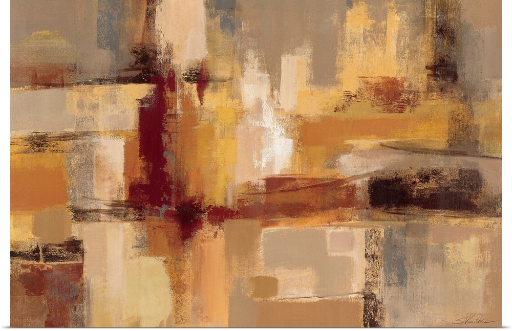 Contemporary abstract painting of eroded rectangles and squares varying in color and orientation.