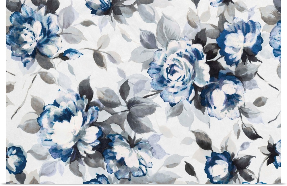 Artwork of roses in blue with grey leaves.