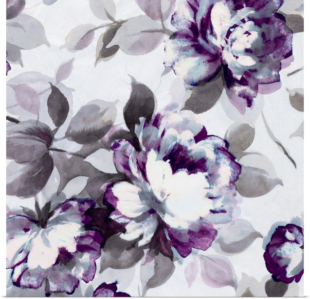 Contemporary home decor art of a gray and purple flowers.