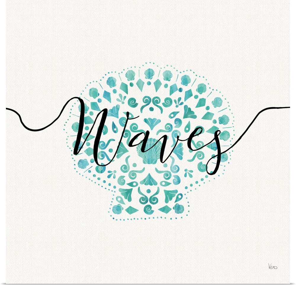 Square watercolor painting of a seashell in blue-green hues with "Waves" written across in black script on a white backgro...