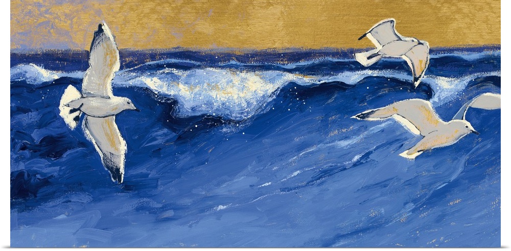 A contemporary painting of seagulls in flight over a choppy blue sea.