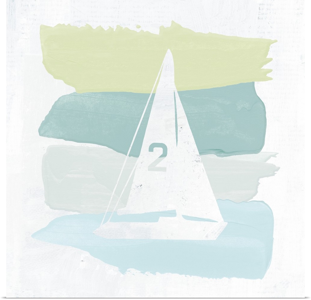 Square painting with stacked horizontal brushstrokes in soft ocean hues and a white silhouette of a sailboat on top.