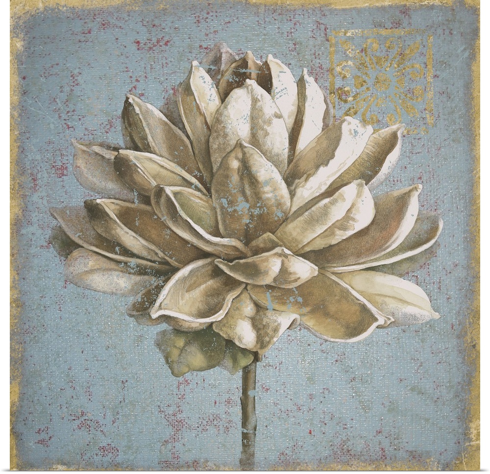 Home decor artwork of a flower seed pod against a pale faded blue script background.