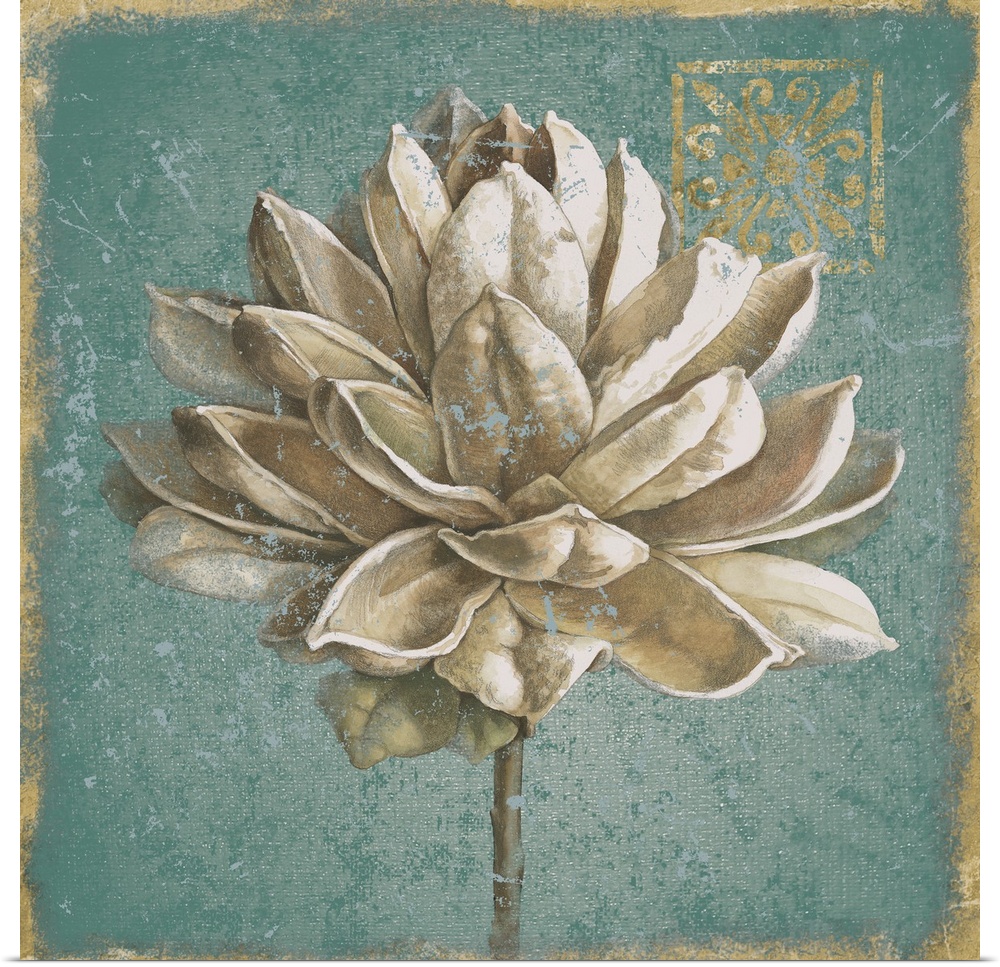 A square decorative artwork of a large white bloom with a distress overlay and gold accents.