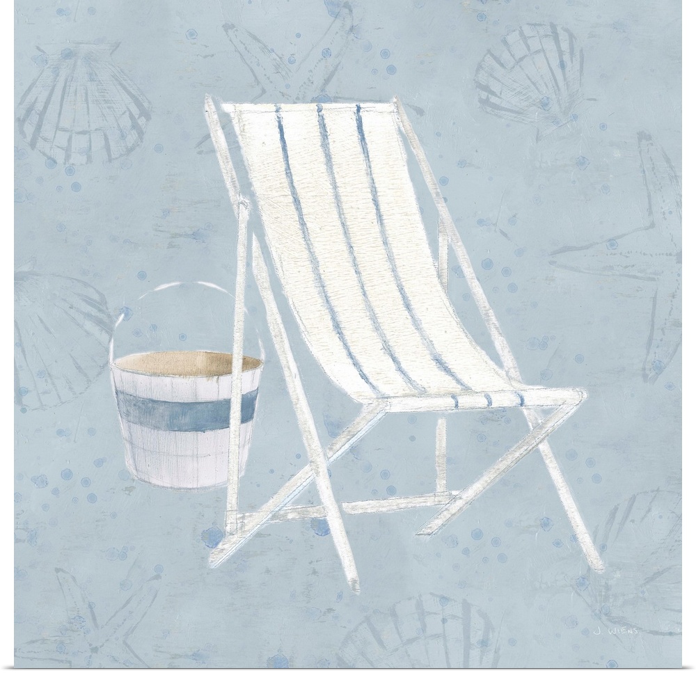 Square art with an illustration of a white beach chair with blue stripes and a bucket on a light blue background with seas...