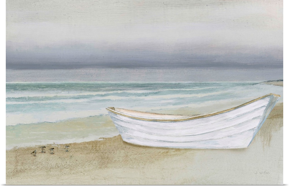 Contemporary painting of a white boat on a sandy shore with shorebirds walking on the side.