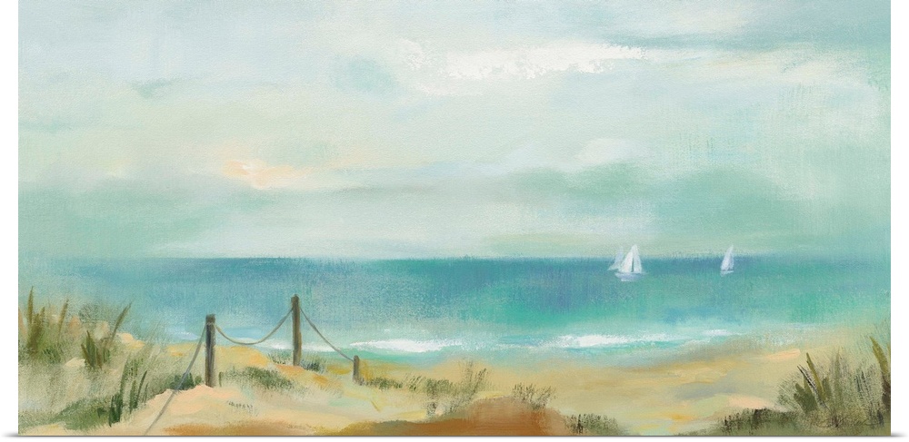A traditional contemporary painting of a seascape scene of dunes with white sailboat in the background.