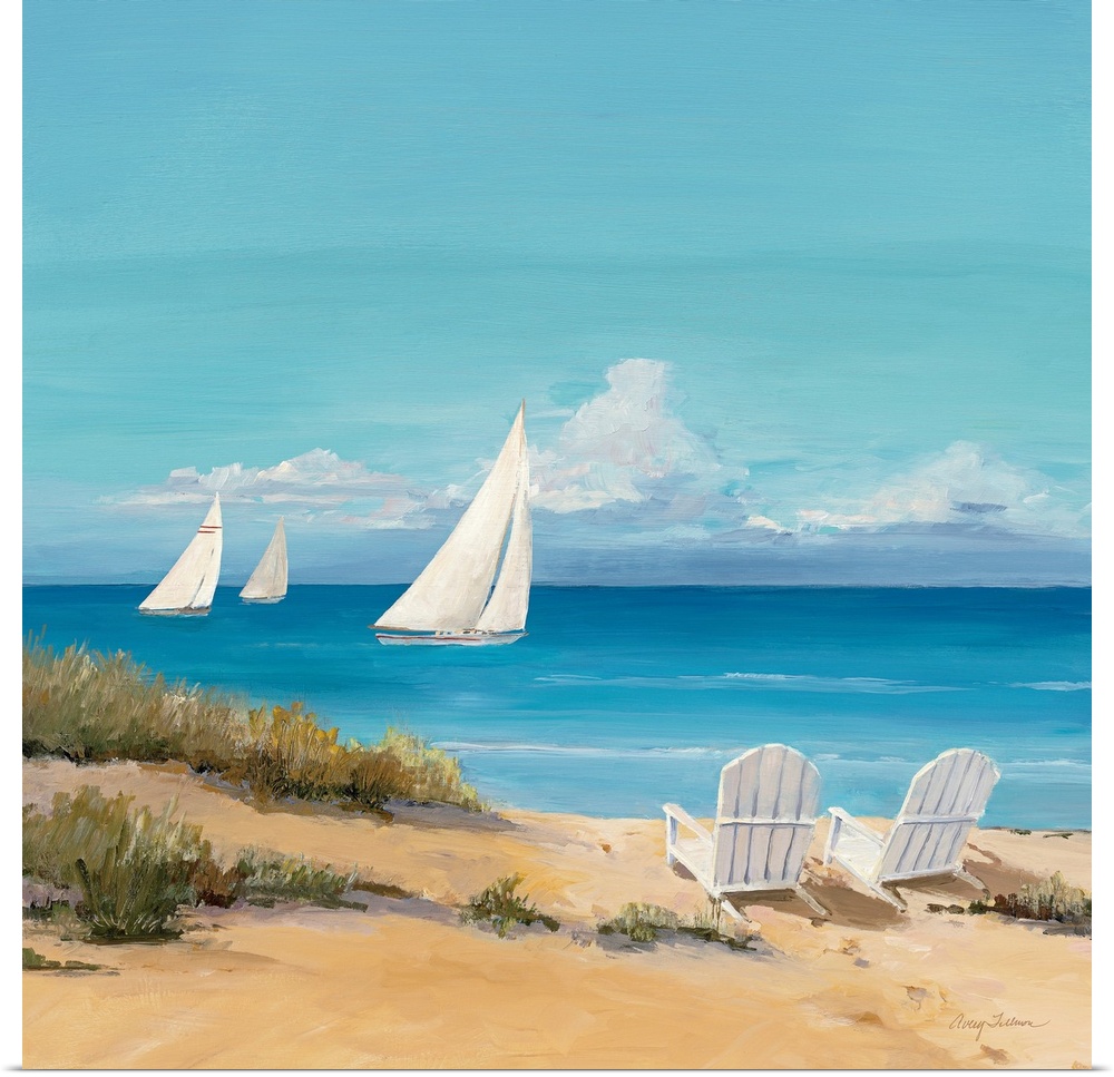 Large contemporary art shows a trio of sailboats traveling through the open waters of an ocean on a sunny day.  Within the...