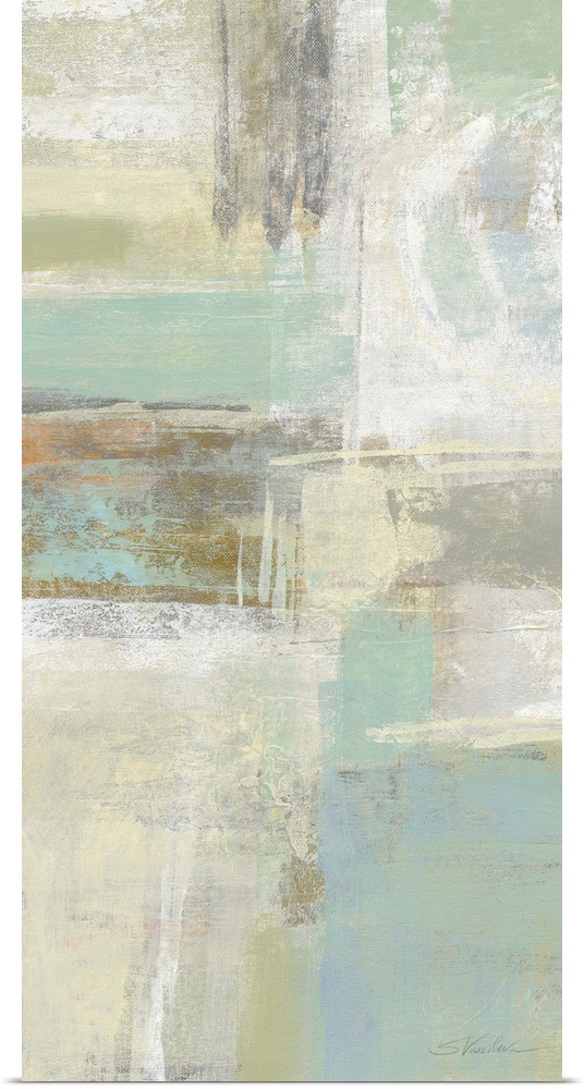 Vertical abstract painting of brush strokes in textured tones of blue, green and white.