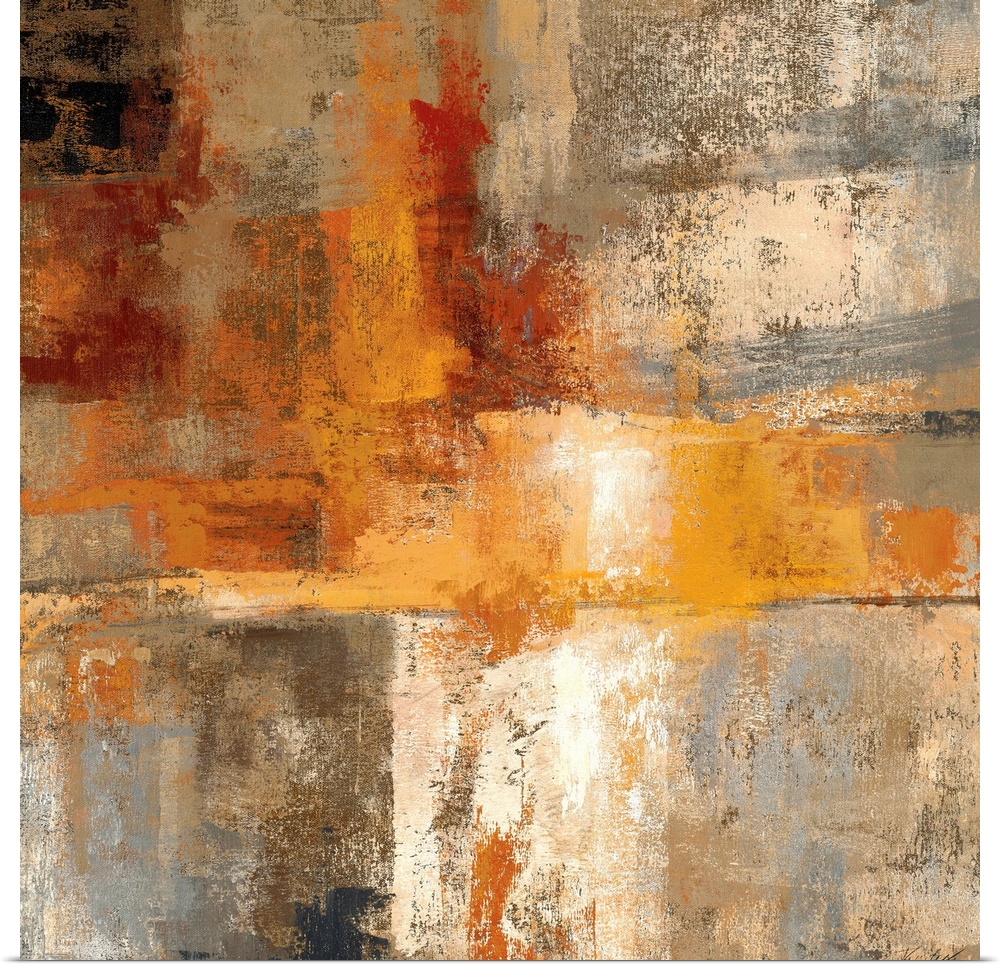 Contemporary abstract painting of multiple colors overlapping with distressed and eroded areas.