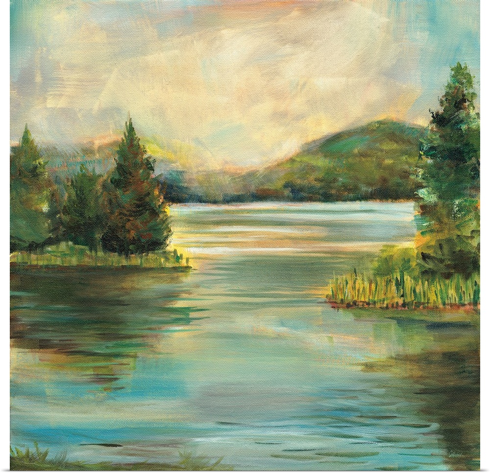 Contemporary landscape painting of a lake at sunset with rolling hills in the distance.