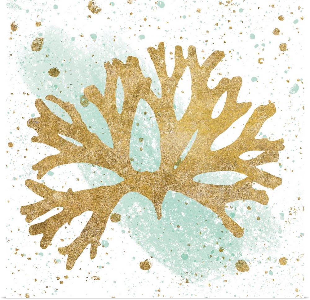 Square art with metallic gold sea coral on a white and sea foam green background with gold and sea foam green paint splatter.