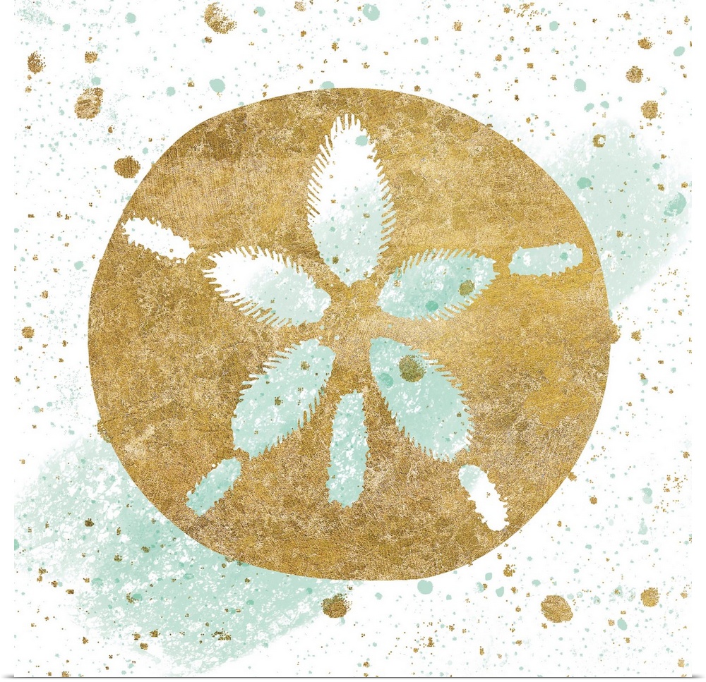 Square art with a metallic gold sand dollar on a white and sea foam green background with gold and sea foam green paint sp...