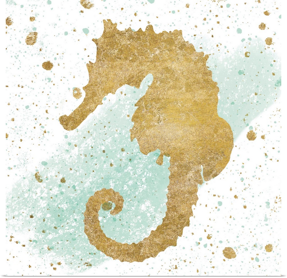 Square art with a metallic gold seahorse on a white and sea foam green background with gold and sea foam green paint splat...