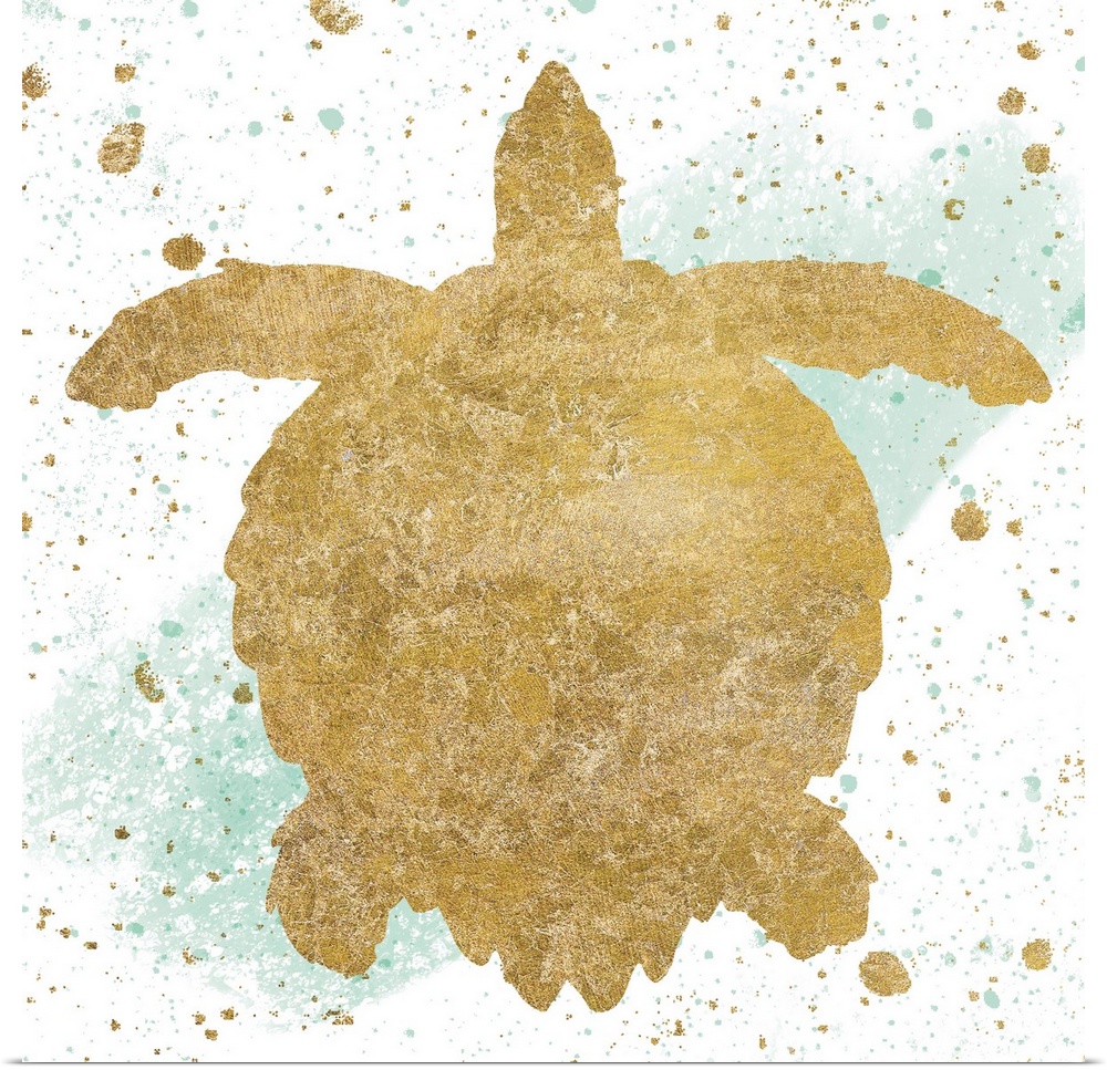 Square art with a metallic gold sea turtle on a white and sea foam green background with gold and sea foam green paint spl...