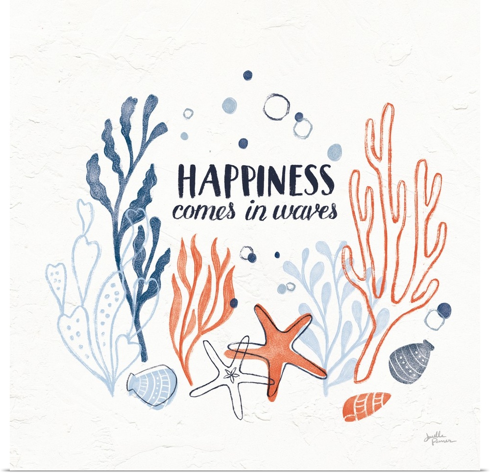 "Happiness Comes in Waves" with coral and blue ocean themed illustrations on a square white textured background.