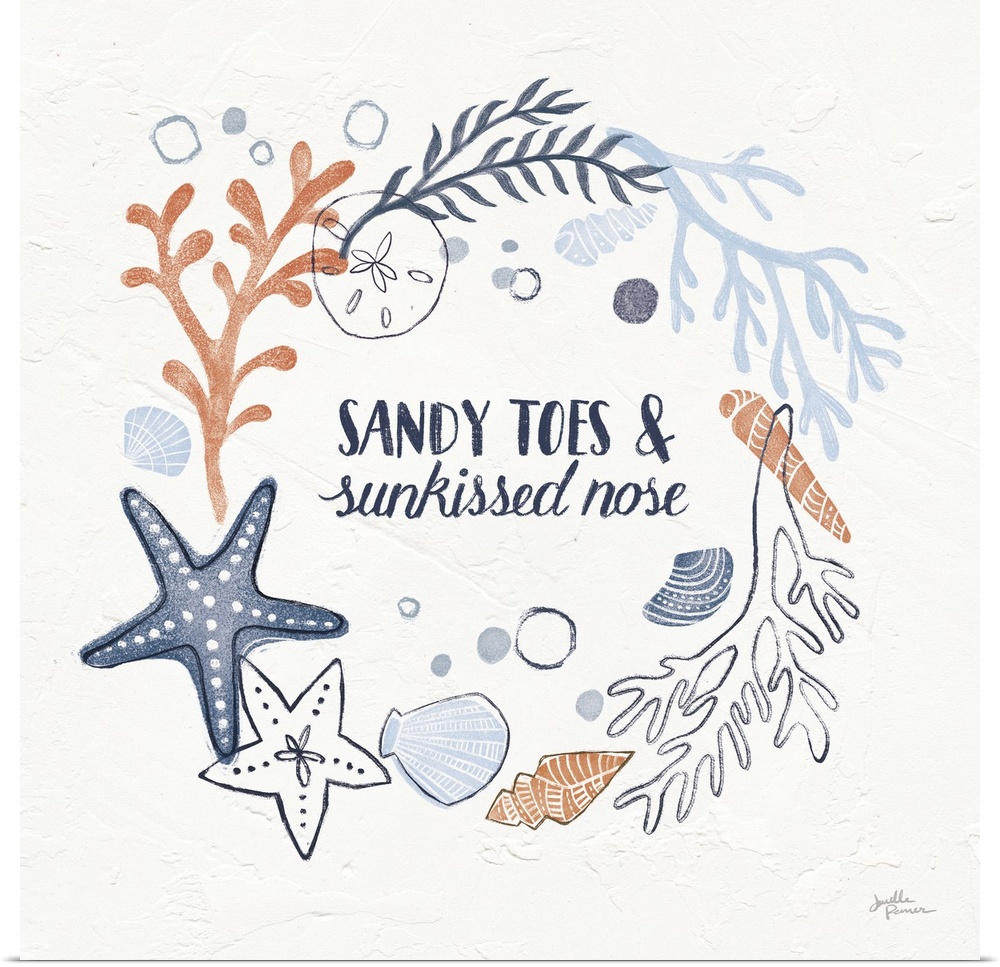 "Sandy Toes and Sun Kissed Nose" with coral and blue ocean themed illustrations on a square white textured background.