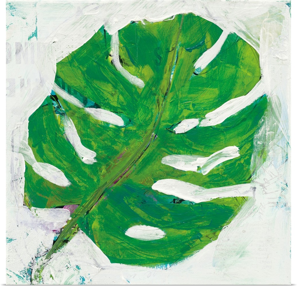 Square abstract painting of a big, green, tropical leaf on a white textured background with hints of blue and faint writing.