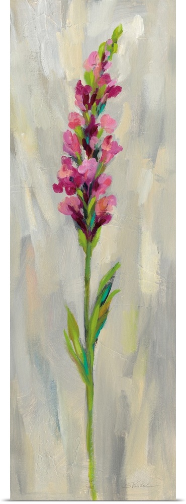 Long vertical contemporary painting of a pink gladiola with brush stoke textured background.