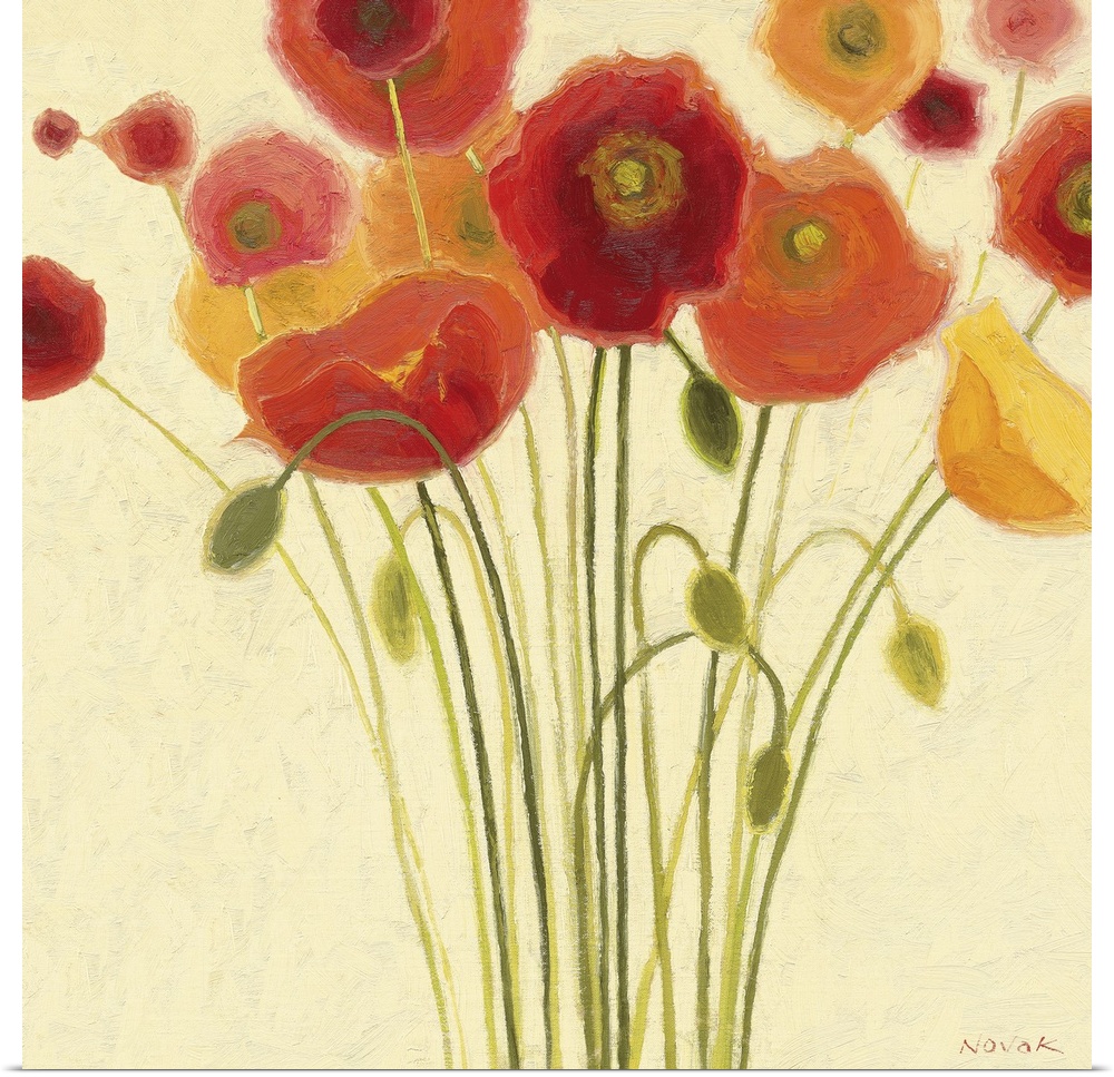 Contemporary painting of colorful flower bunch with blooms and flower buds.