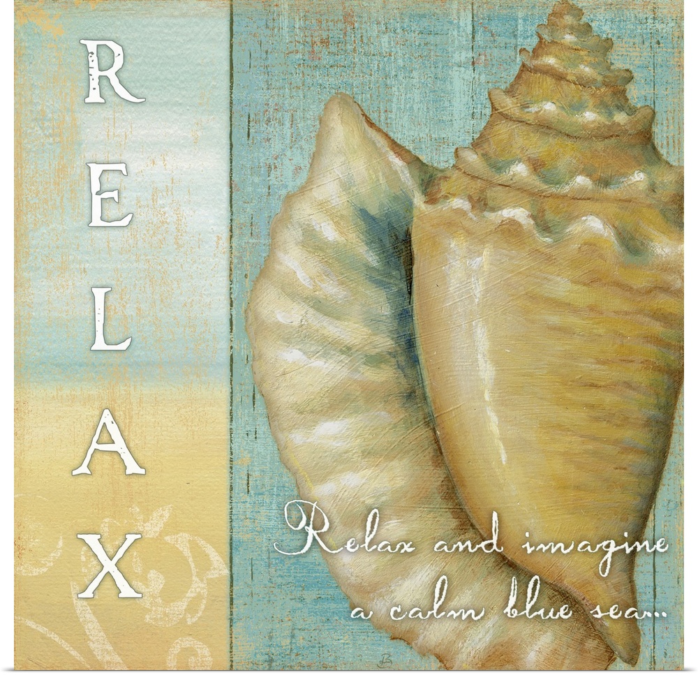 Conch shell drawing with Relax text and quote in cool colors.