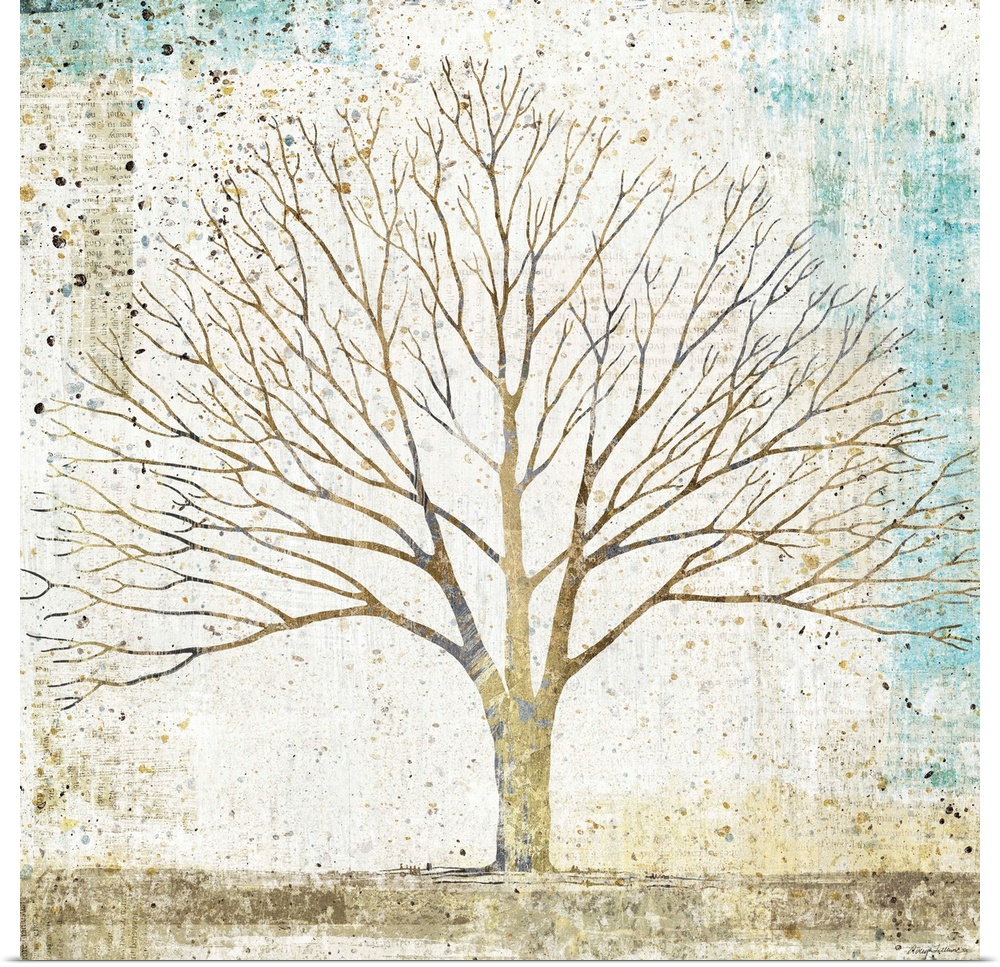 Contemporary mixed media painting of a single tree in a field.
