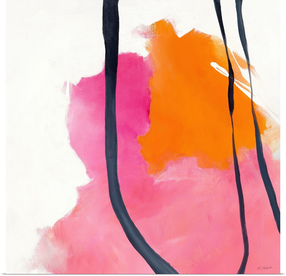 Square abstract painting in pink, orange, and navy blue on a white background.