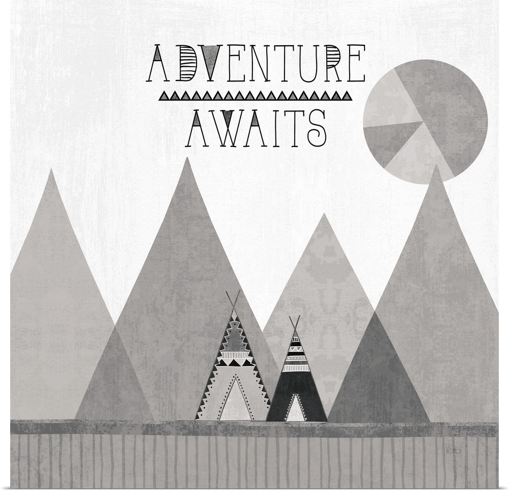 A square decorative design of tents along mountains with the text 'Adventure Awaits', all in grey tones.