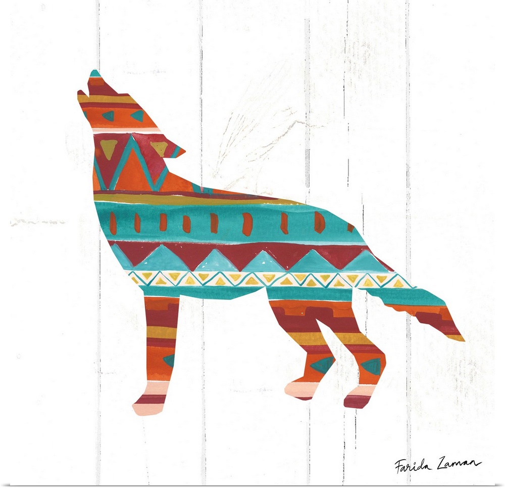 An illustration of a coyote with a southwestern pattern on a white wood panel background.