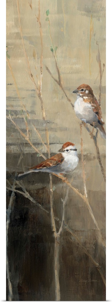 Vertical panoramic painting of two birds perched on branches at dawn.