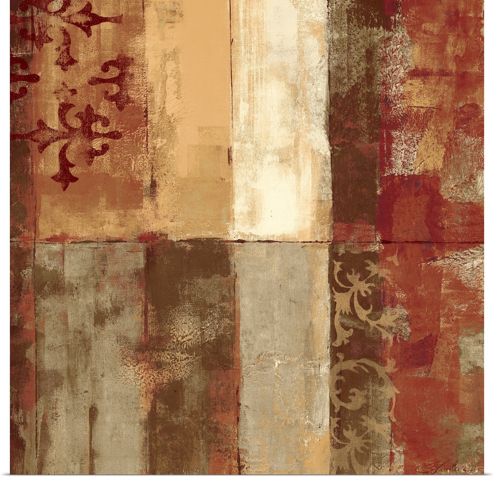 Big abstract art composed of distressed vertical rectangles of the same size stacked on top and next to each other.  The e...