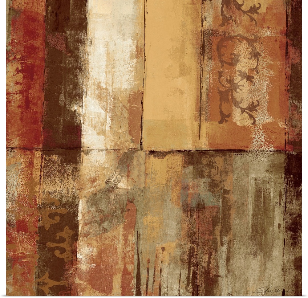 Heavily textured earth toned abstract painting of various colored rectangles with stenciled decorative marks.