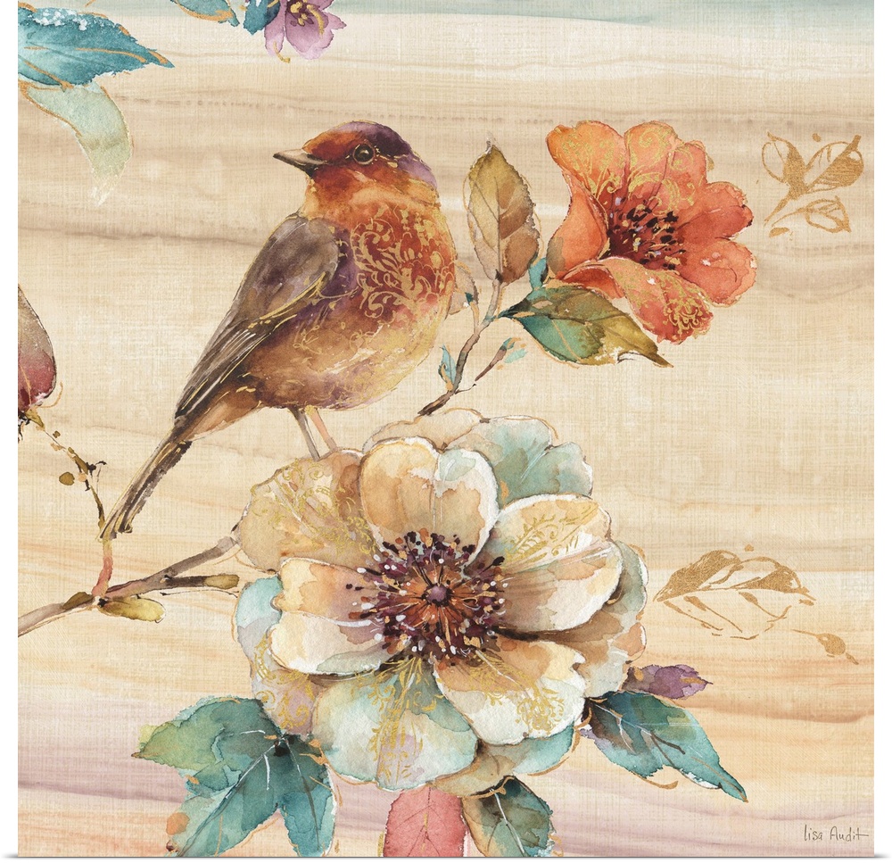 Contemporary square painting of a bird standing on a flower in warm tones of brown, red and green.