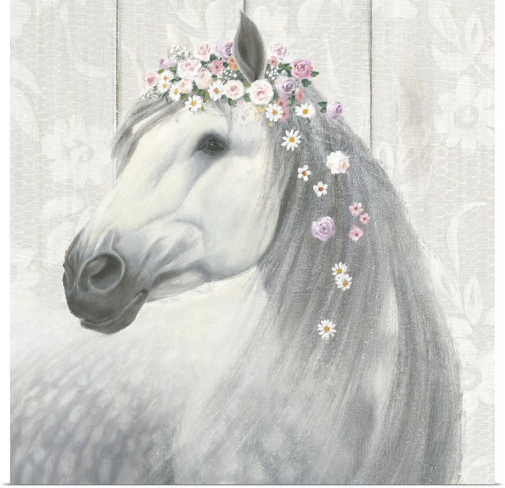 Square painting of a white and gray horse wearing flowers in its mane on a floral patterned wood paneled background.