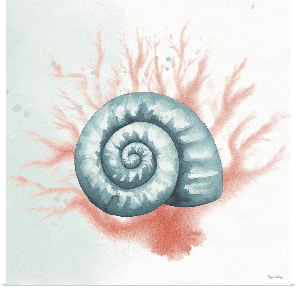 Watercolor painting of a seashell and coral in blue and pink hues on a square background.