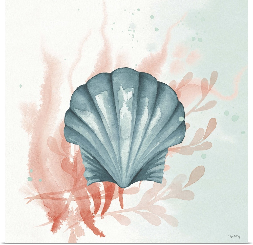 Watercolor painting of a seashell and seaweed in blue and coral hues on a square background.