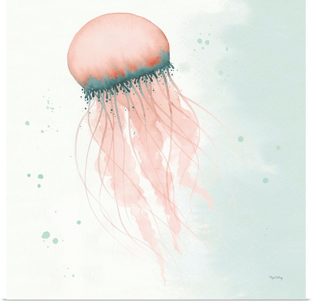 Watercolor painting of a jellyfish swimming in blue and coral hues on a square background.