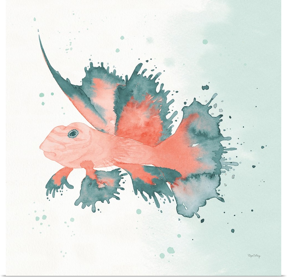 Watercolor painting of a fish in blue and coral hues on a square background.