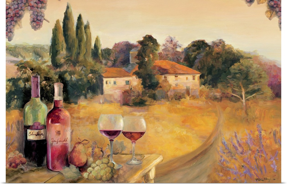 Large horizontal painting of a road leading to a Tuscan vineyard amongst groups of trees in the background.  A table of wi...