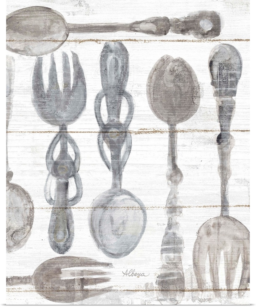 Decorative artwork featuring watercolor cutlery against white shiplap.