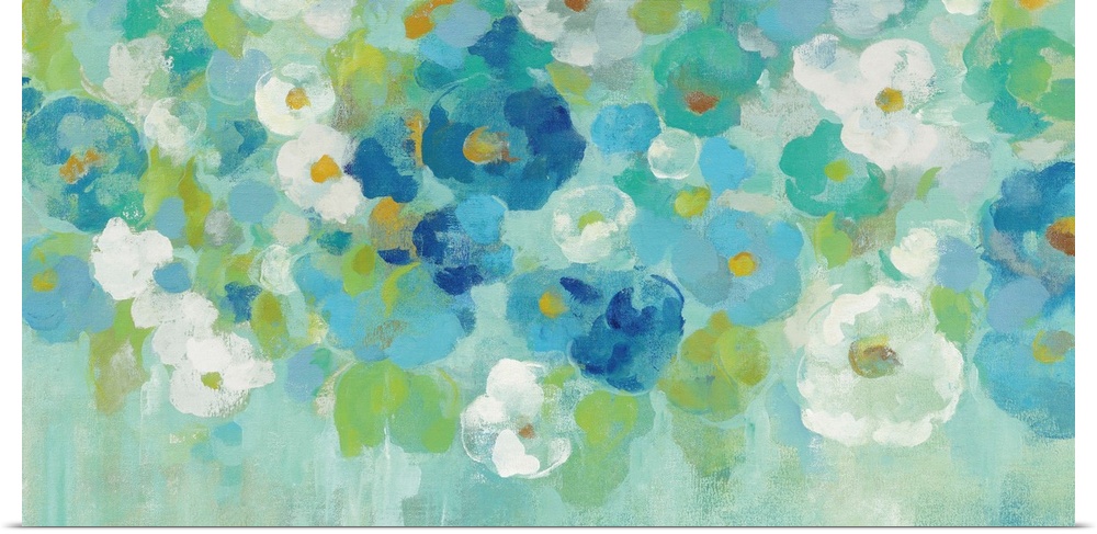 Contemporary painting of blue, green and white flowers against a bright green background.