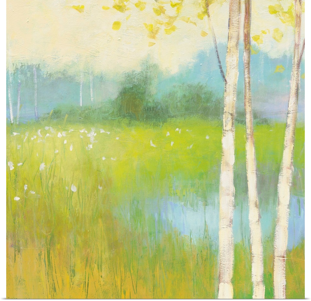 Contemporary painting of a countryside scene in spring.